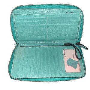Lavemi Teal/Turquoise RFID Blocking Leather Zip Around Wristlet Wallet Clutch